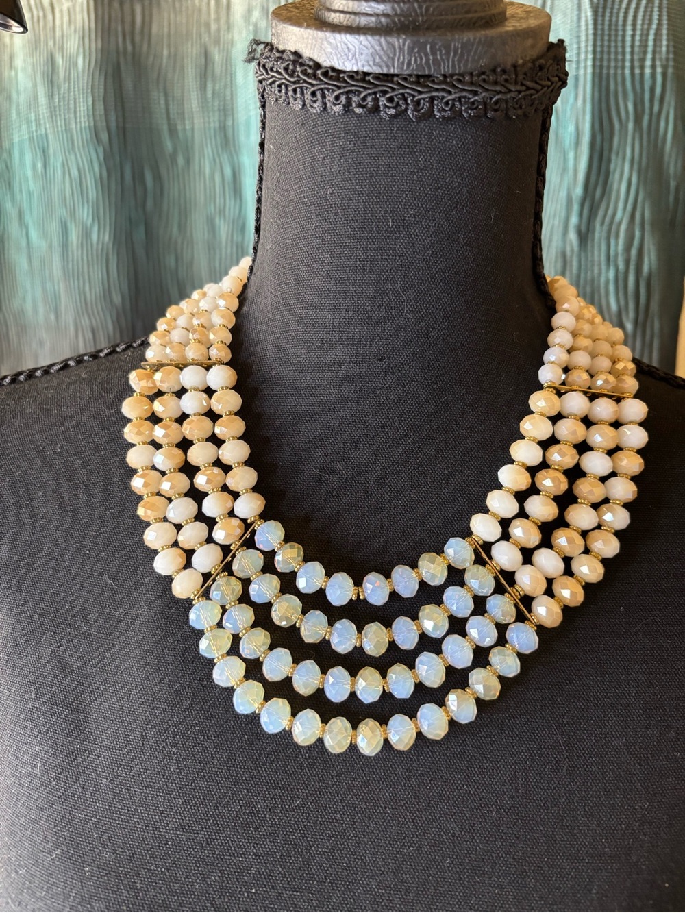 Multi-Strand Crystal and Iridescent Beaded Bib Necklace
